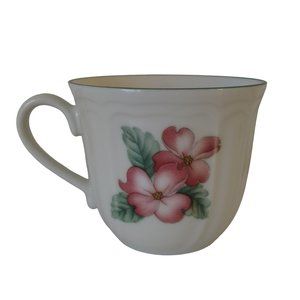 Epoch Coffee Cup Mug Pink Flowers Grapes Leaves Green Rim Made in Indonesia